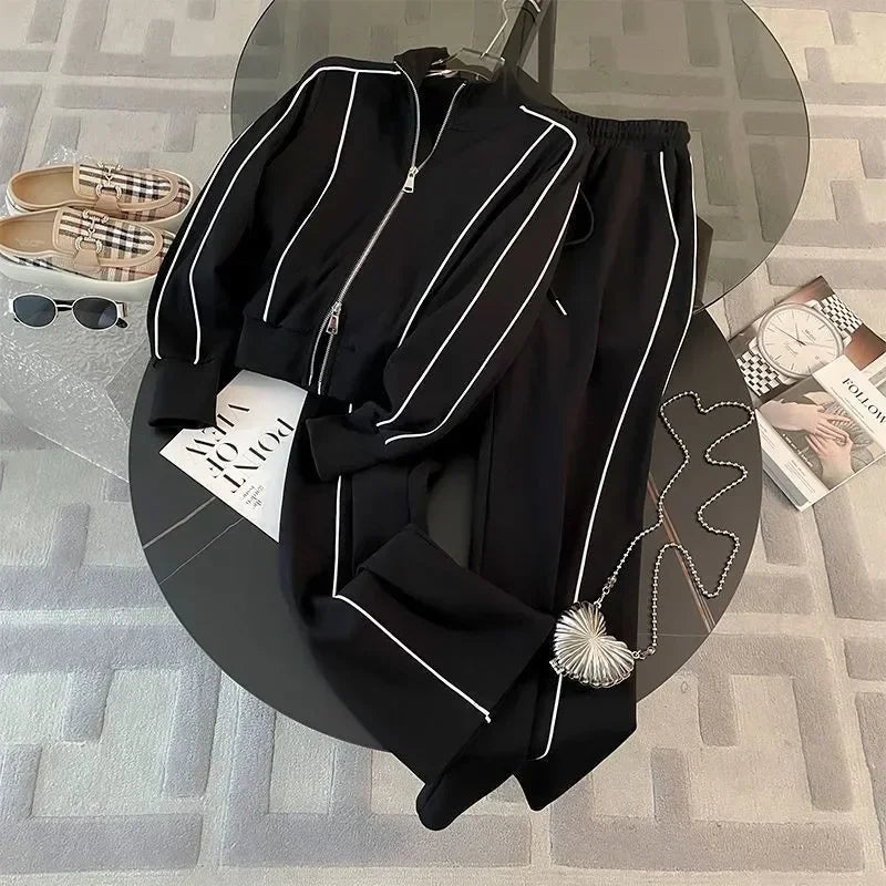 Spring and Autumn Sports Suit Women's Fashion Casual Long Sleeve Cardigan Coat+Loose Wide Leg Pants Two Piece Set