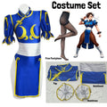 Women's Street Fighter Chun Li Cosplay Costume Game Fighter Chunli Blue Cheongsam with Headdress and Waistband Halloween Costume