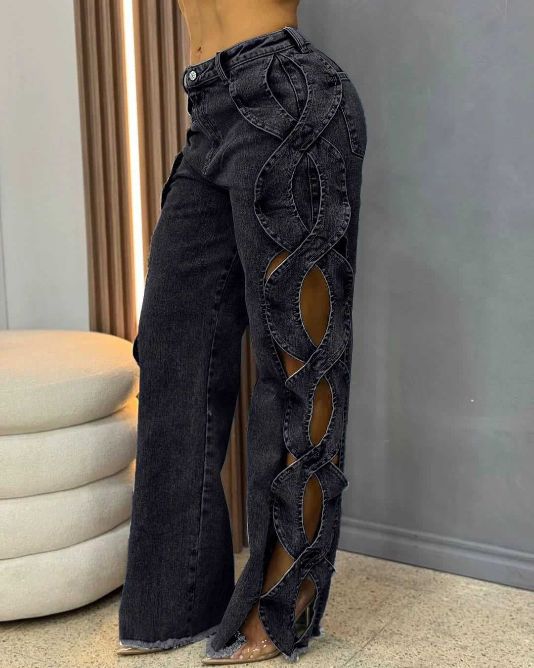CM.YAYA Women Streetwear Cutout Hollow Out Criss Cross Side Wide Leg  Blue Denim Pants 2025 Fashion Sexy Party Jeans Trousers