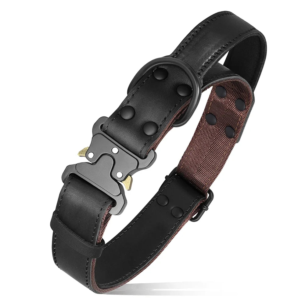 Real Leather Dog Collar With Handle Tactical Military Dog Leather Collar For Medium Large Dogs German Shepherd Training Hunting