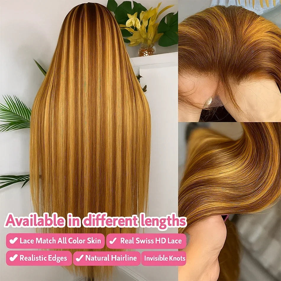 13x4 HD Highlight Ombre Bone Straight Wigs Human Hair P4/27 Blonde Ombre Lace Frontal Wig Colored Human Hair Wig For Women