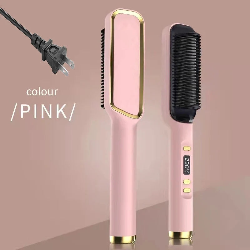 Hair Straightener Ceramic Hot Comb 2 in 1 Electric Straighten Hair Brush Negative Ion Fast Heating Styling Tool ﻿