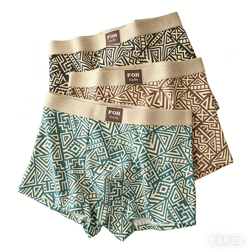 1/3 Pcs Men's Cotton Boxer Shorts Breathable Comfortable Underwear Man Printed Trendy Ethnic Retro Square Underpant Male Panties