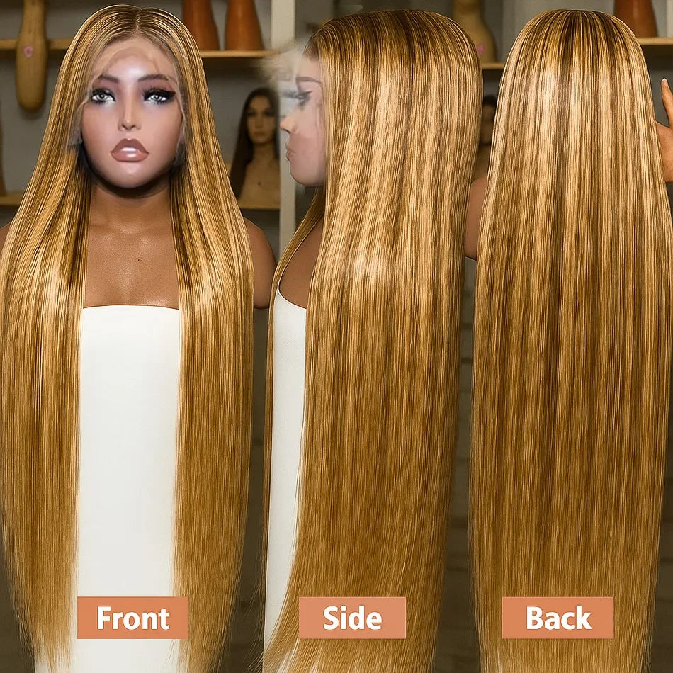 13x4 HD Highlight Ombre Bone Straight Wigs Human Hair P4/27 Blonde Ombre Lace Frontal Wig Colored Human Hair Wig For Women