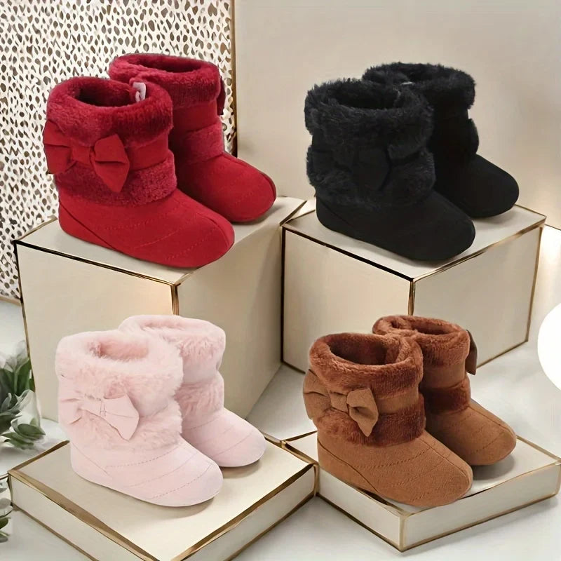 0-18M baby shoes Girls winter plush comfort snow boots cute bow cotton shoes baby soft soled non-slip toddler shoes