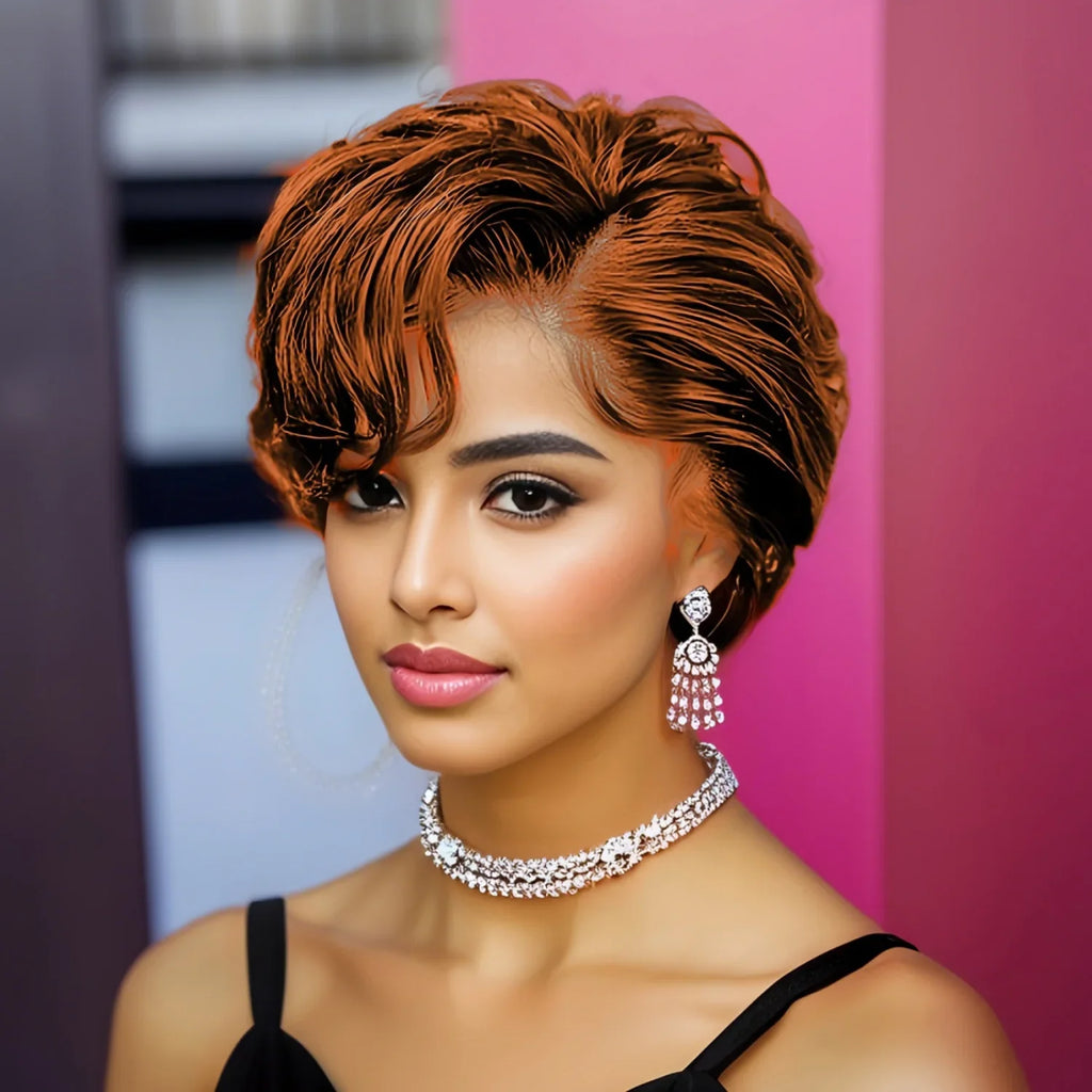 13x4 Lace Front Wig Human Hair Transparent Frontal Wig Pixie Cut Wigs Natural Wave Short Layered with Bangs Wig for Women