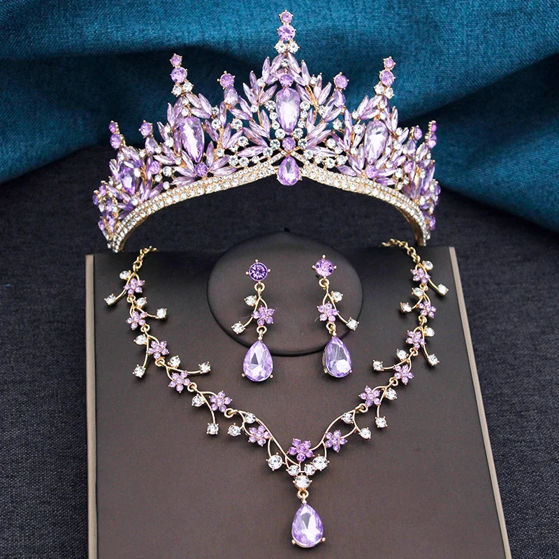 Baroque Wedding Crown for Bride 3-pack Tiara Earrings Necklace Bridal Jewelry Set Champagne Crystal Costume Party Birthday Gift