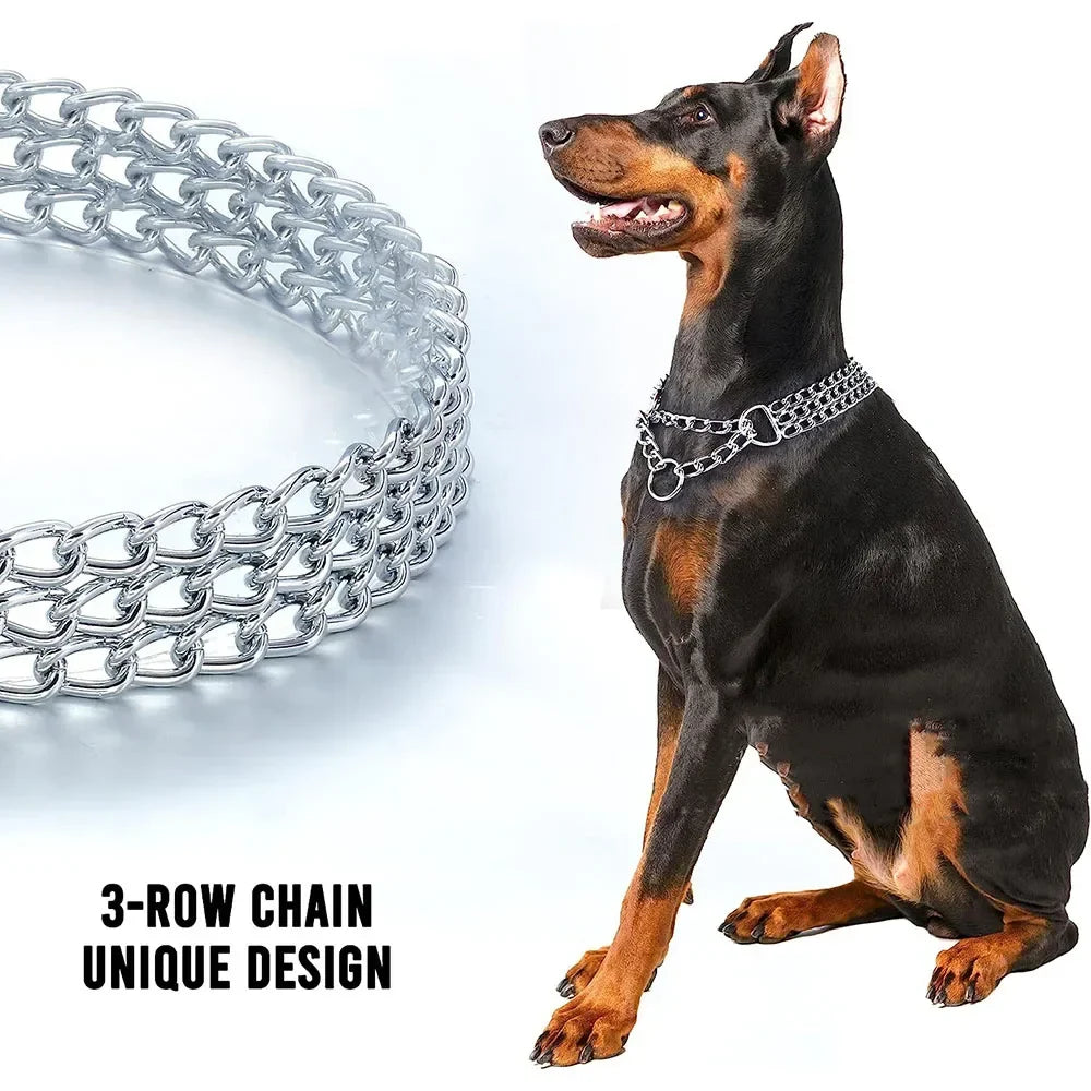 Strong Dog Chain Collar Chew Proof Triple Row Chain Adjustable Walking Collar Metal Cuban Link Dog Collar