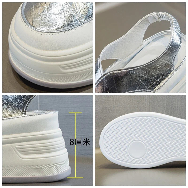 Fujin 8cm PU Patent Synthetic Microfiber Leather Chunky Sneakers Slippers Platform Wedge Sandals Slipper Flats Women Shoes