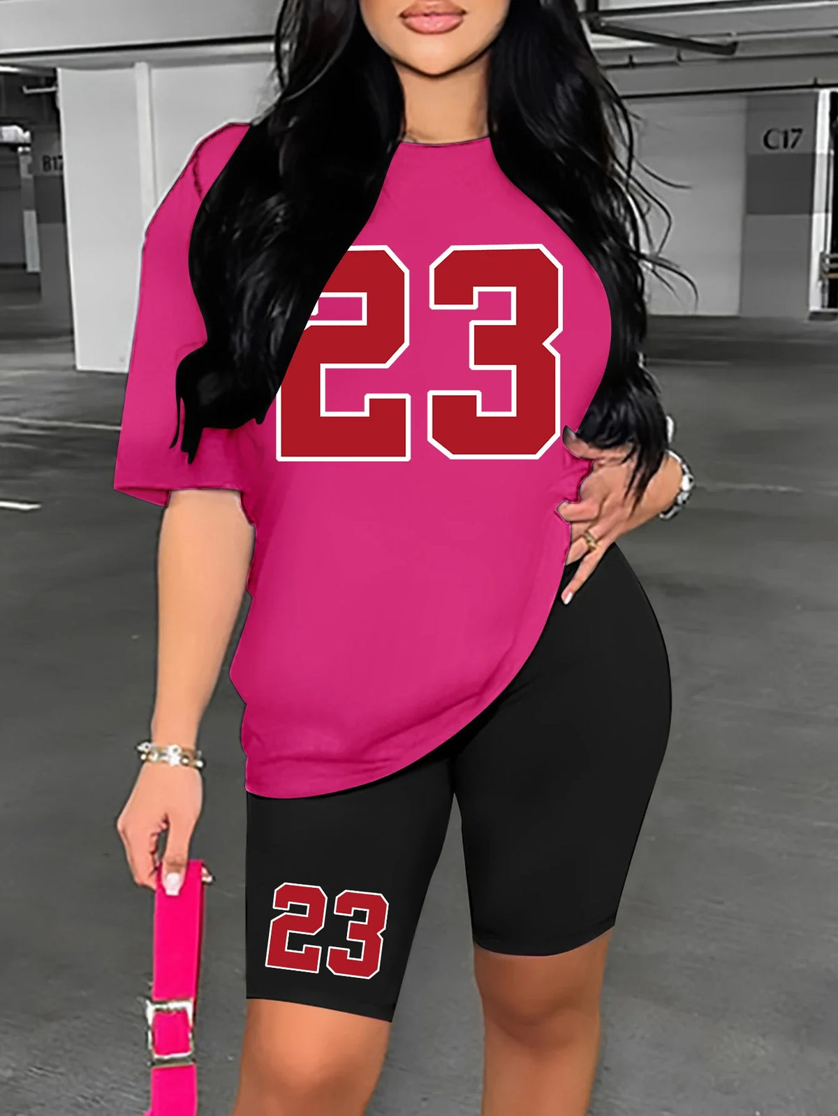 Women's Summer Set Number 23 Print Casual Shorts Set Sports Women's Shirt Shorts 2 Piece Street Wear Set Womens Summer Clothes