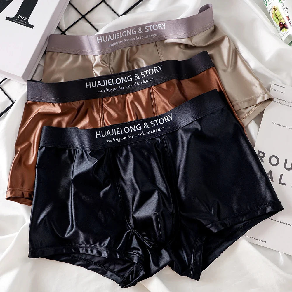 3PCS/Pack Luxury Ice Silk Satin-like Boxers Summer Smooth Cool Solid Men's Underpants Breathable Mesh Crotch Panties Underwear