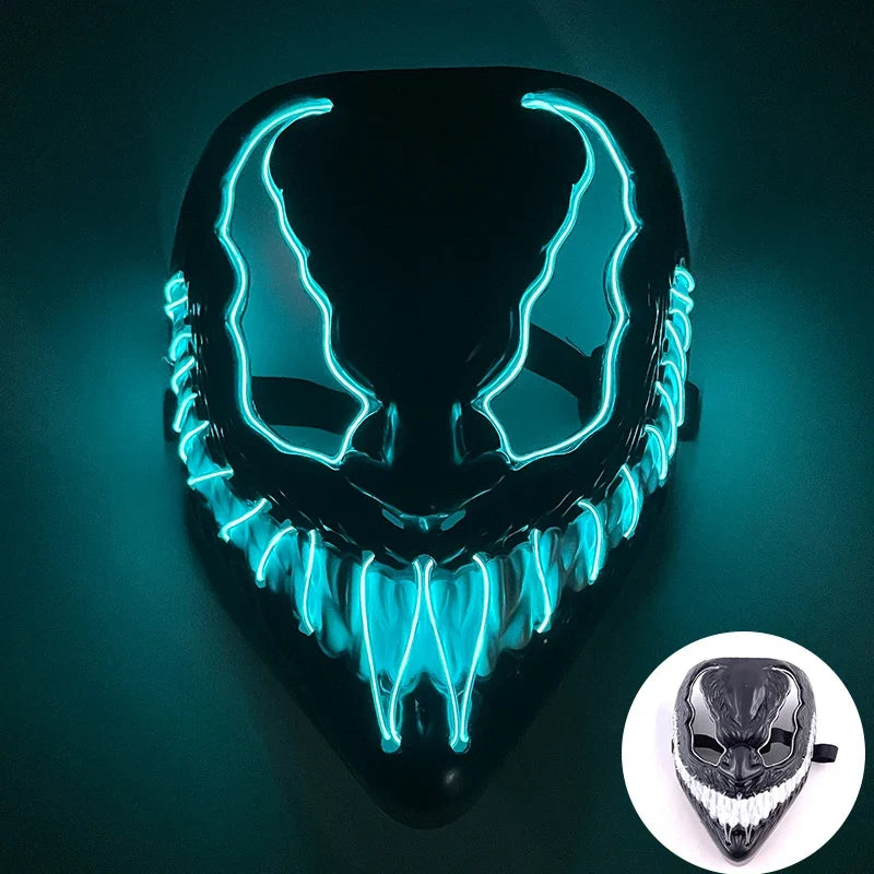 Wireless LED Neon Purge Mask & Fiber Optic Gloves, Scary Glow In Dark Mask for Halloween Carnival Cosplay Bar Birthday Party
