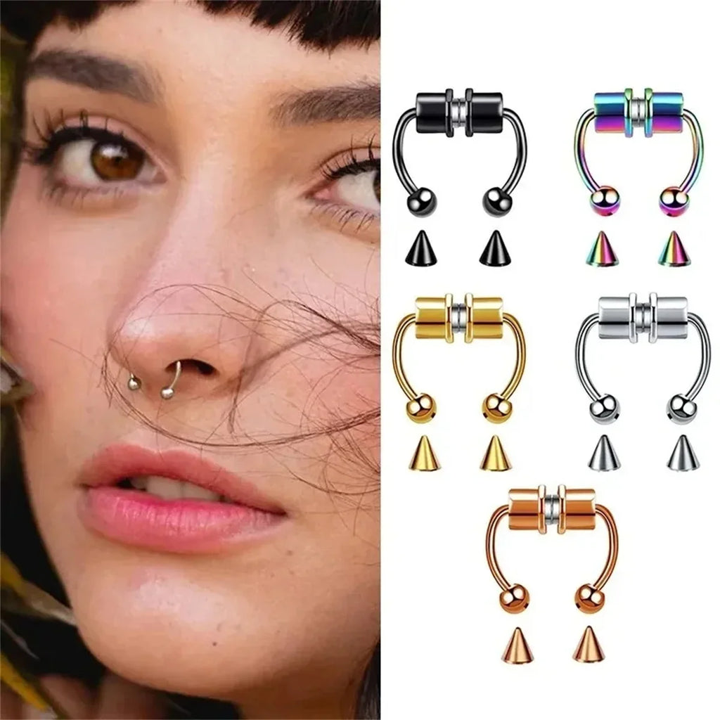 1/2/3/4/5Pcs Fake Magnetic Stainless Steel Nose Rings,Non Piercing Septum Rings Magnetic Nose Ring Clip On Nose Rings Jewelry