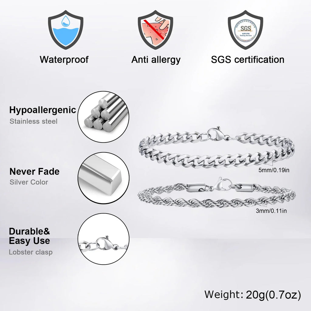 2pcs Men's Chain Bracelets,Stainless Steel Silver Gold Black Color Twist Rope Chain Wristband,Trendy Cuban Link Chains Gift