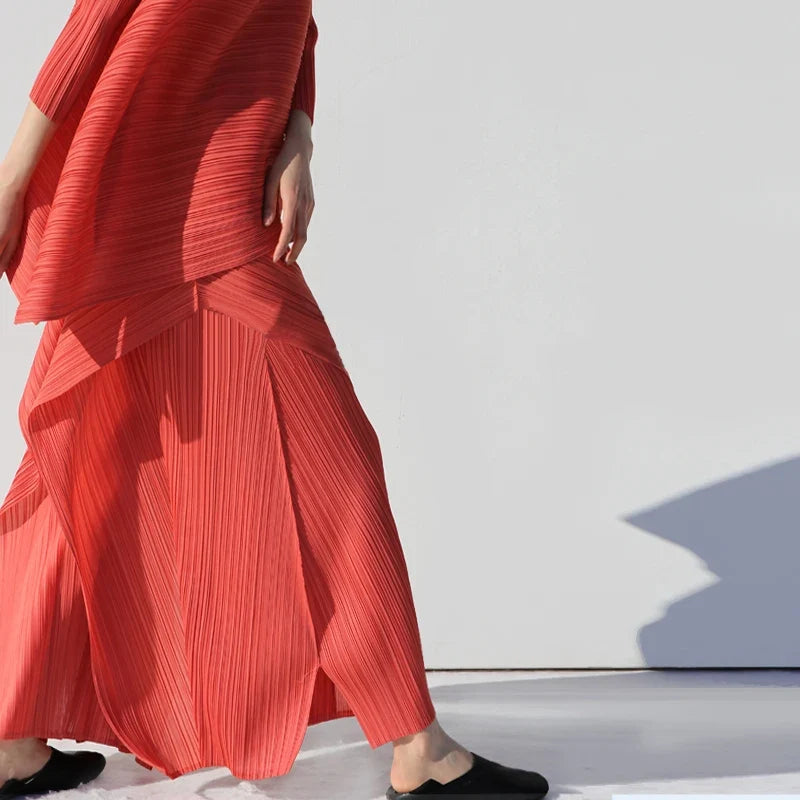 Miyake Pleated Women Two Piece Sets 2023 Summer Long Sleeve T-shirt Tops Ladies Loose Pants Original Designer Causal Clothes