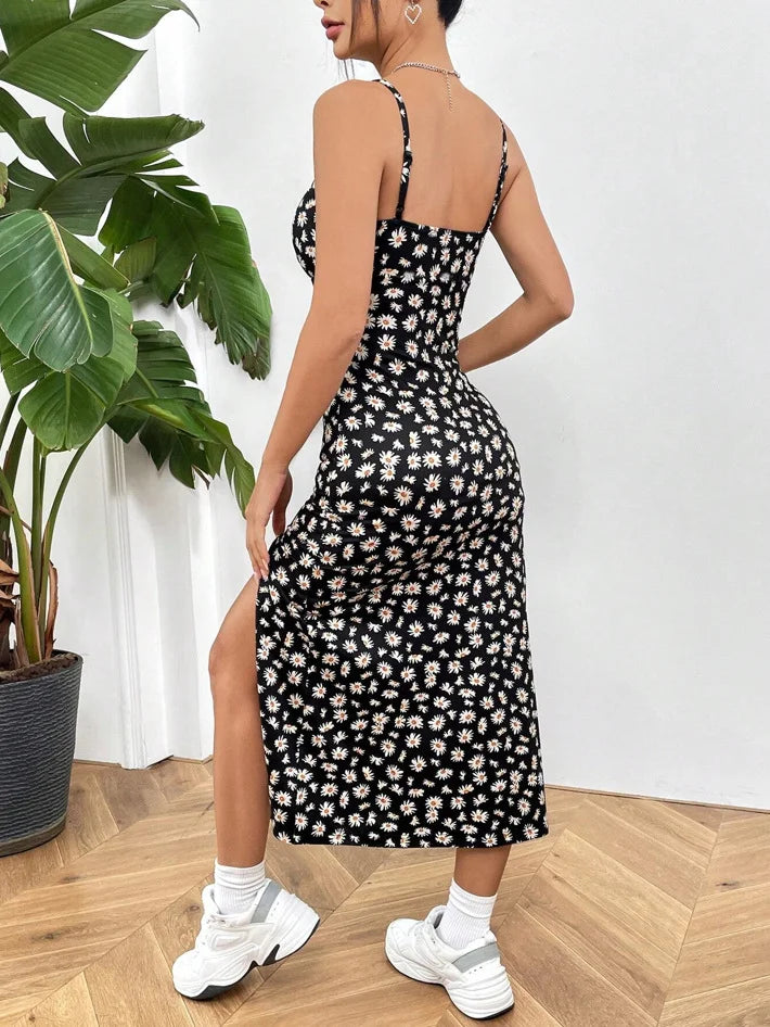 Fall 2025 Long Dress Strapless Wrap Chest High Slit Daisy Leopard Print Wrap around Skirt Maxi Dress