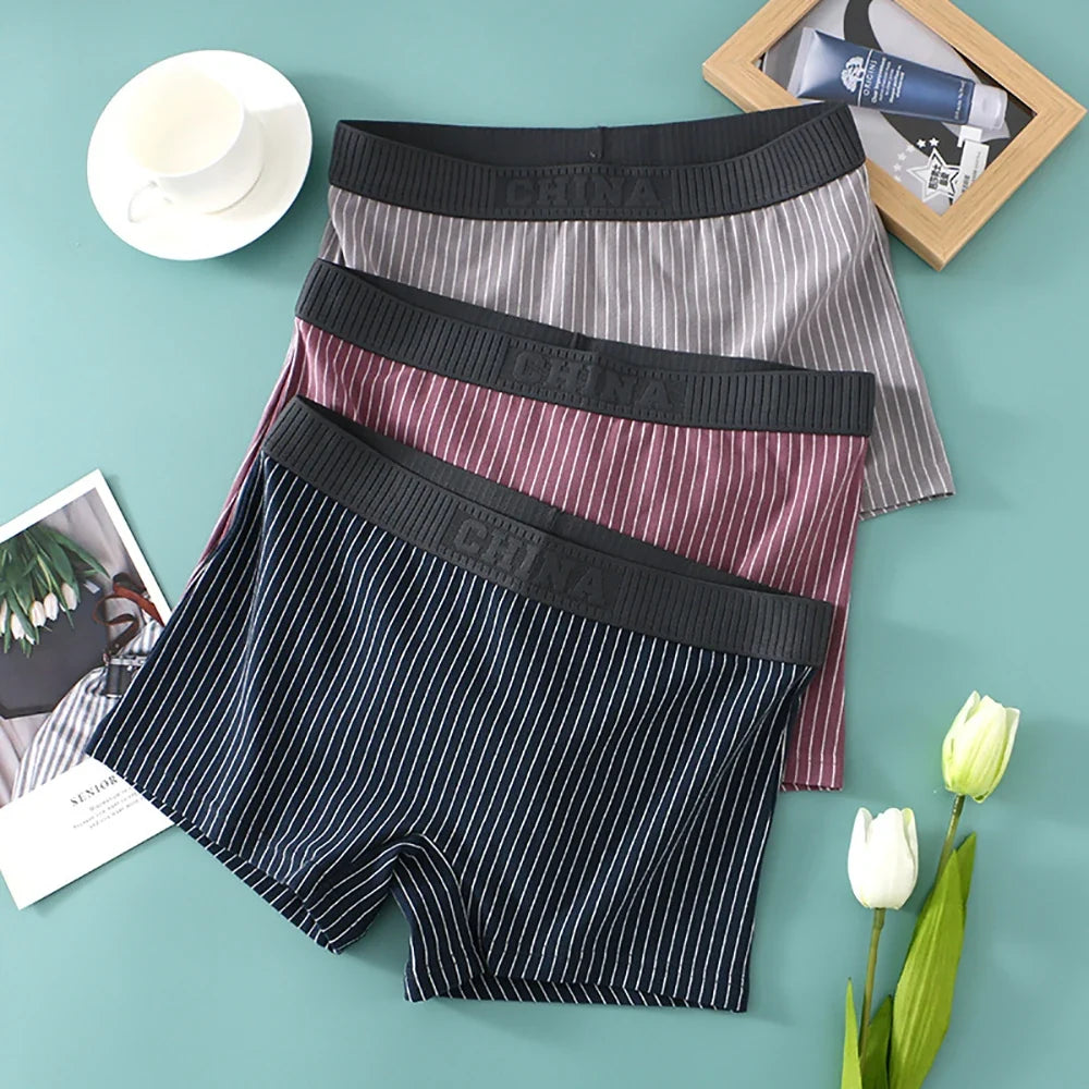 3PCS/Pack 100% Cotton Soft Panties Woman Trendy Striped Female Underwear Summer Breathable High Elastic Mid-rise Waist Boyshort