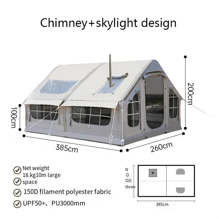 Inflatable camping tent no need to build 10 square meters 6-8 person space chimney design windproof and rainproof