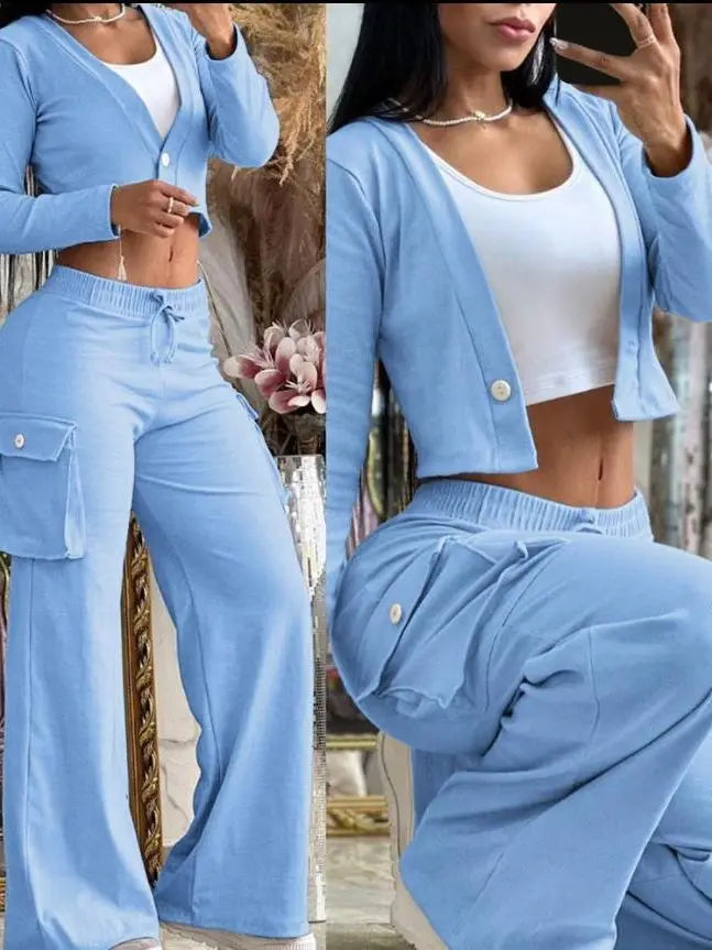 Women's Casual Two Piece Sets Spring Autumn Fashion Cardigan Long Sleeve Short Top Big Pocket Cargo Pants Sets 2024 Outifits