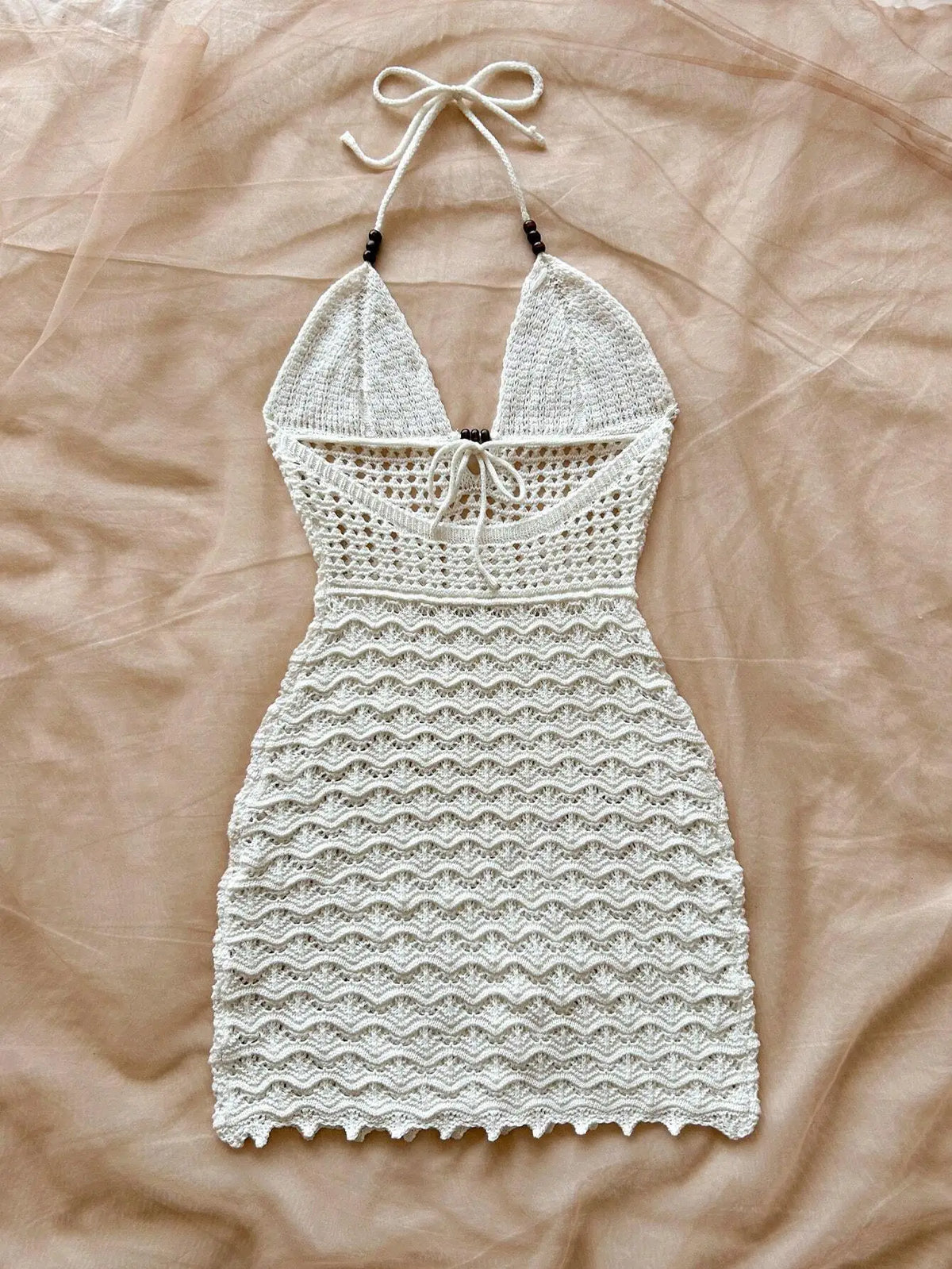 Women's V-Neck Strapless Dress, Hollow Out, Wooden Bead, Slim Fit, Gradient Color, Knitted, Sexy, Vacation Wear