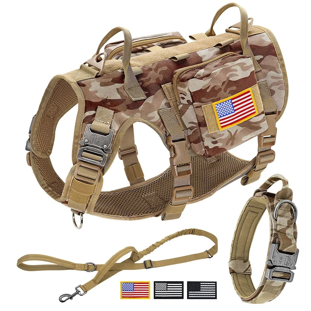 Tactical Dog Harness Collar Leash Set Military Training Pet Vest with Pouches Flags Durable Collars for Big Dogs German Shepherd