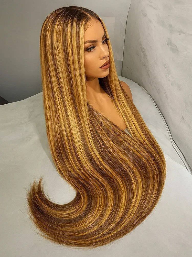 13x4 HD Highlight Ombre Bone Straight Wigs Human Hair P4/27 Blonde Ombre Lace Frontal Wig Colored Human Hair Wig For Women