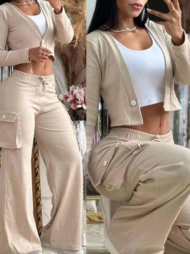Women's Casual Two Piece Sets Spring Autumn Fashion Cardigan Long Sleeve Short Top Big Pocket Cargo Pants Sets 2024 Outifits