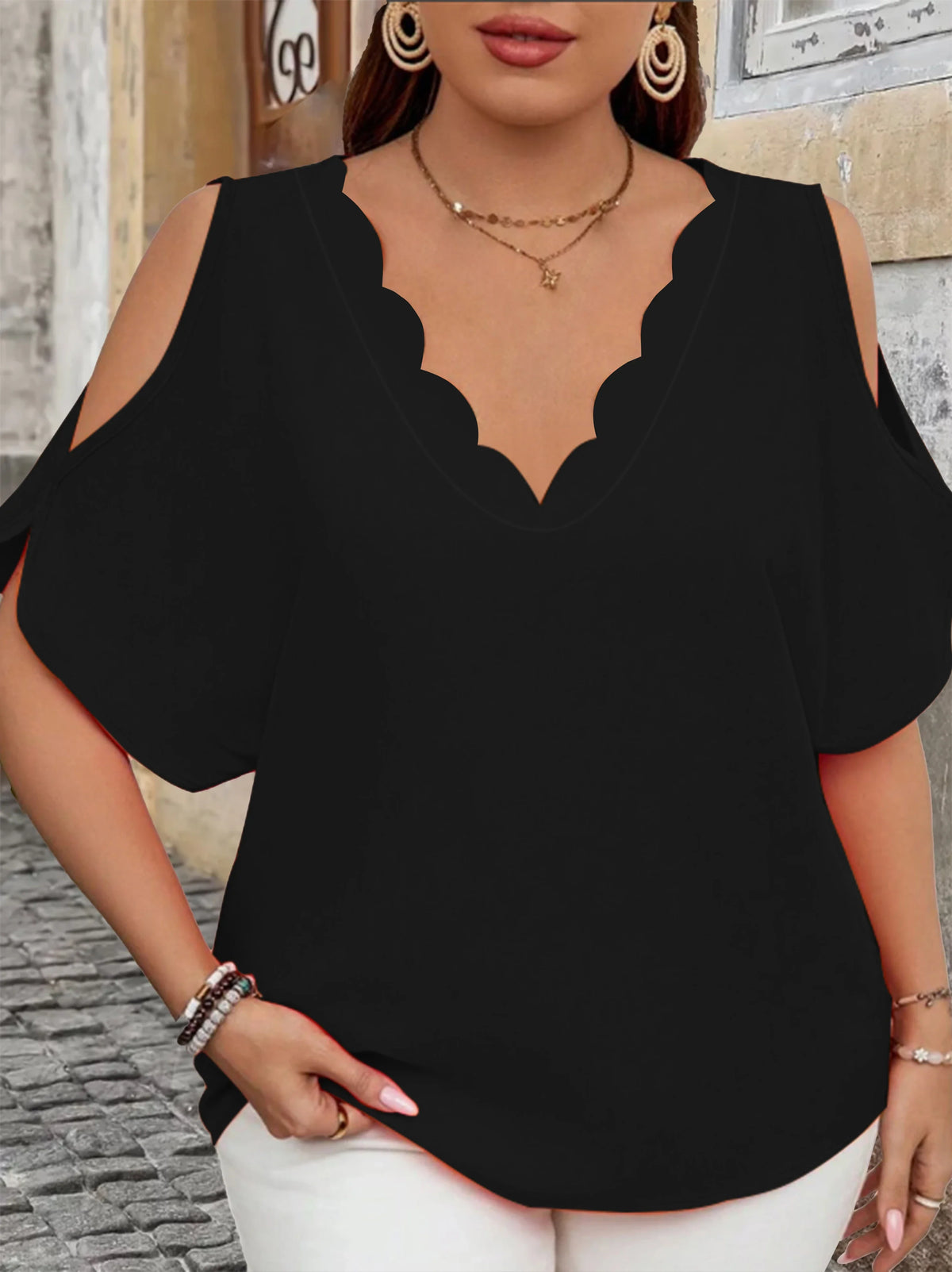 Elegant Off-Shoulder Wave V-Neck T-Shirt - Solid Color Plus Size Women's Blouse, Fashion Casual Short Sleeve Summer Top
