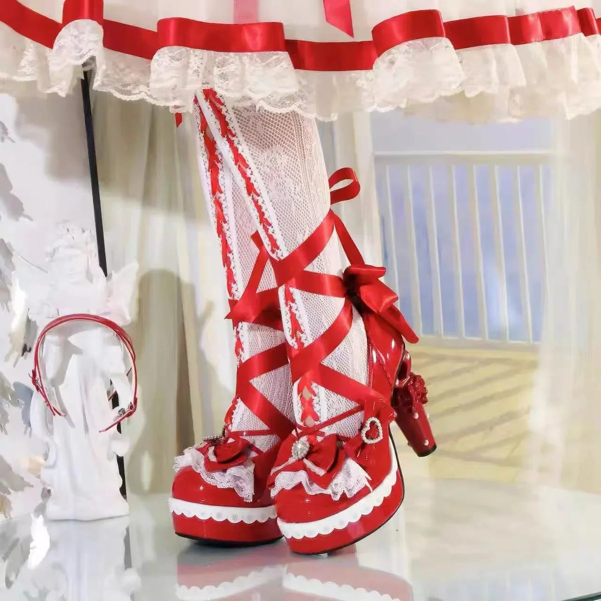 Original Sweet Lolita High Heels Big Size 42 Japanese Style Cosplay Women Leather Shoe Red Rhinestone Street Y2k shoes girl cute