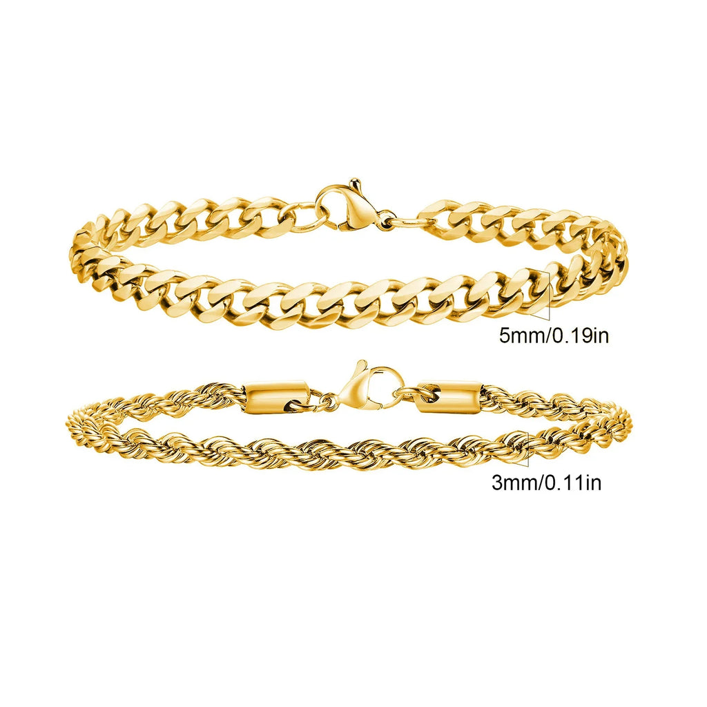 2pcs Men's Chain Bracelets,Stainless Steel Silver Gold Black Color Twist Rope Chain Wristband,Trendy Cuban Link Chains Gift