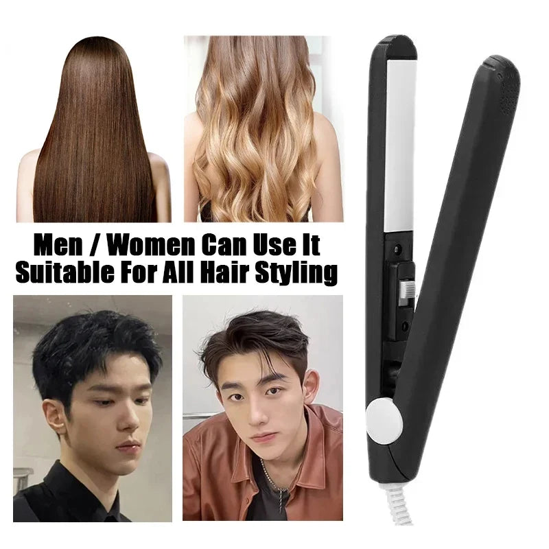 Electric Ceramic Mini Hair Straightener Unisex Portable Flat Iron Wet/Dry Straightening Curling Irons Black FastHeat Hair Curler