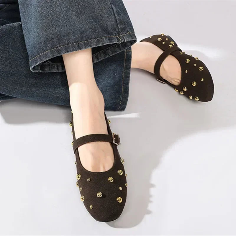 Cool Gold Rivets Design Ballet Flats Women Faux Suede Belt Metal Buckle Low Heel Women Shoes Non-slip Soft Sole Mary Jane Shoes