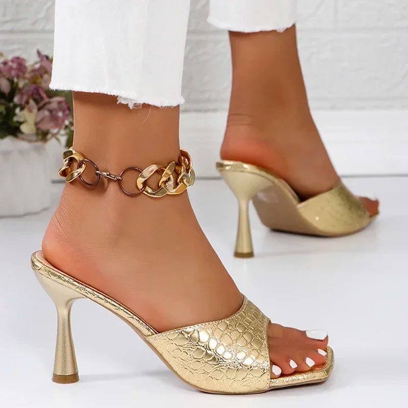 Luxury Gold Silver High Heels Sandals Women 2025 Slip On Square Toe Summer Slippers Woman Plus Size 43 Thin Heeled Party Shoes