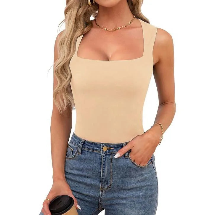 Sexy Slimming T-Shirts for Women Fashion Square Neck Sleeveless Tops Harajuku Tanks Woman Clothes Casual Top Tees Streetwear