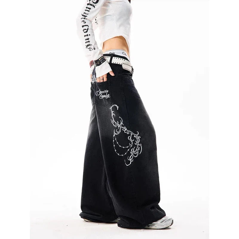 YIBASHU Women Vintage Embroidery Y2K Baggy Jeans Female High Waist 2000s Wide Leg Denim Pants American Retro Harajuku Trouser