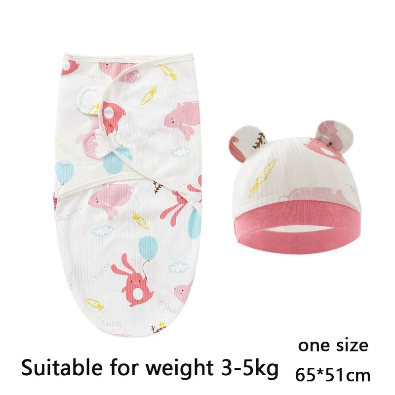 Baby Blanket Hat Set Cartoon Printed Cotton Newborn Swaddle Adjustable Infant Sleeping Swaddle Wraps All Seasons 0-6 Months