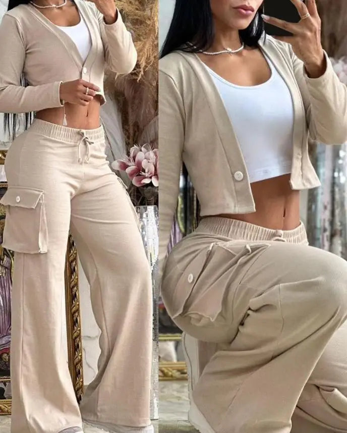 Women's Casual Two Piece Sets Spring Autumn Fashion Cardigan Long Sleeve Short Top Big Pocket Cargo Pants Sets 2024 Outifits