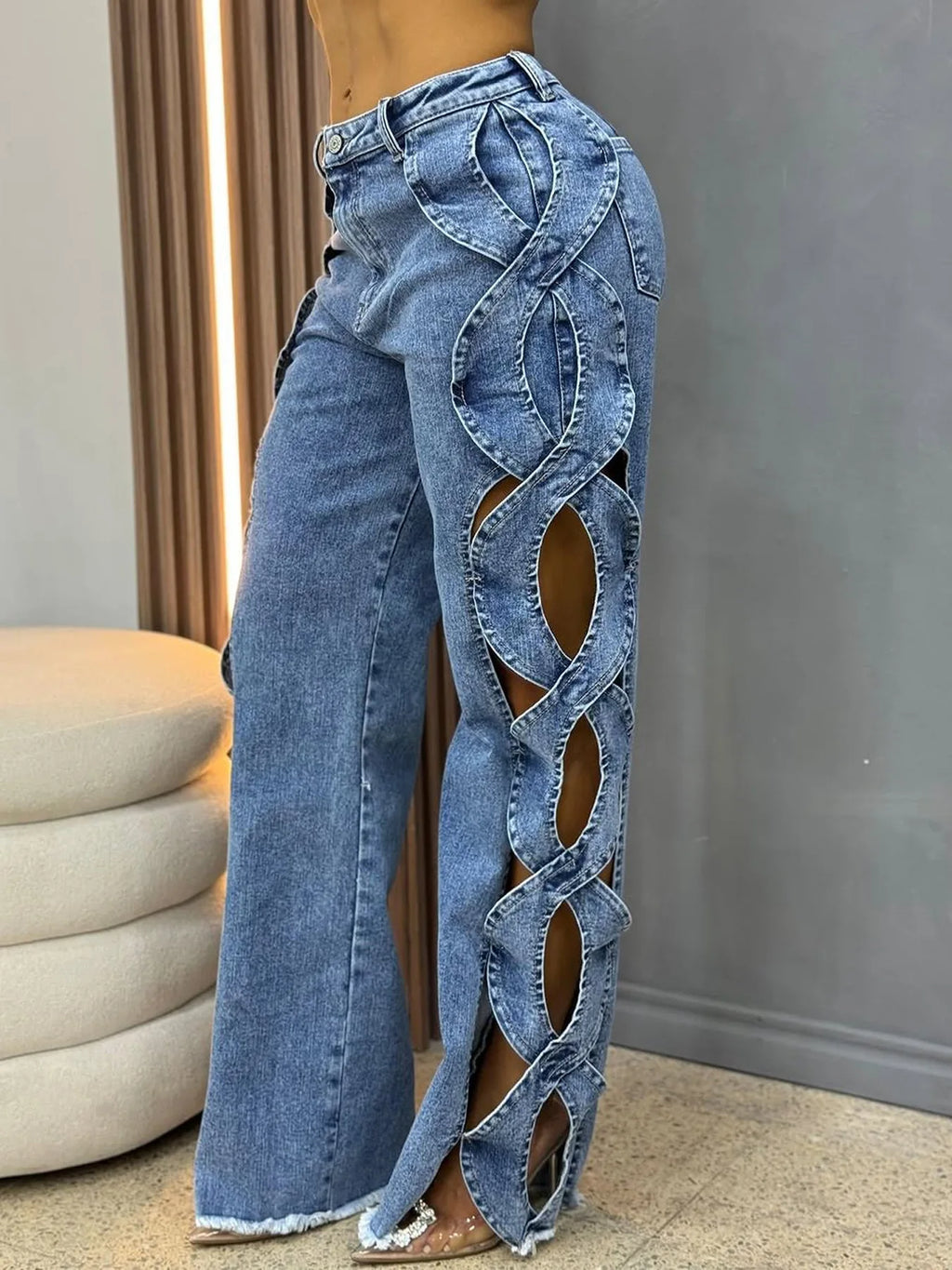 CM.YAYA Women Streetwear Cutout Hollow Out Criss Cross Side Wide Leg  Blue Denim Pants 2025 Fashion Sexy Party Jeans Trousers