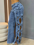 CM.YAYA Women Streetwear Cutout Hollow Out Criss Cross Side Wide Leg  Blue Denim Pants 2025 Fashion Sexy Party Jeans Trousers