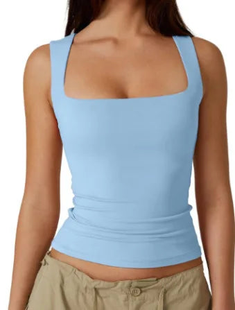 Sexy Slimming T-Shirts for Women Fashion Square Neck Sleeveless Tops Harajuku Tanks Woman Clothes Casual Top Tees Streetwear