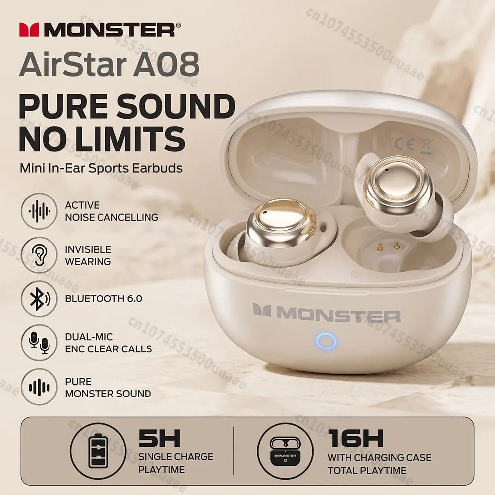 Monster A08 ANC Bluetooth 6.0 Earbuds Mini Invisible In-Ear Sports Ear Buds Active Noise Cancellation TWS Wireless Earphone