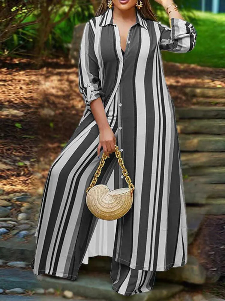Elegant 2-piece Sets for Women Fall Winter Outfits Pants Suit with Long Shirt Blouse Full Sleeve Striped Plus Size Matching Sets
