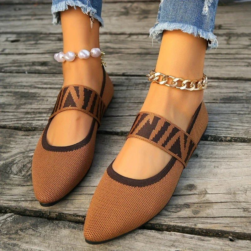 Women Ballet Flats Knitted Casual Shoes Low Heel Elegant Woman Sneakers Pointed Toe Shallow Loafers Vintage Slip on Women Shoes