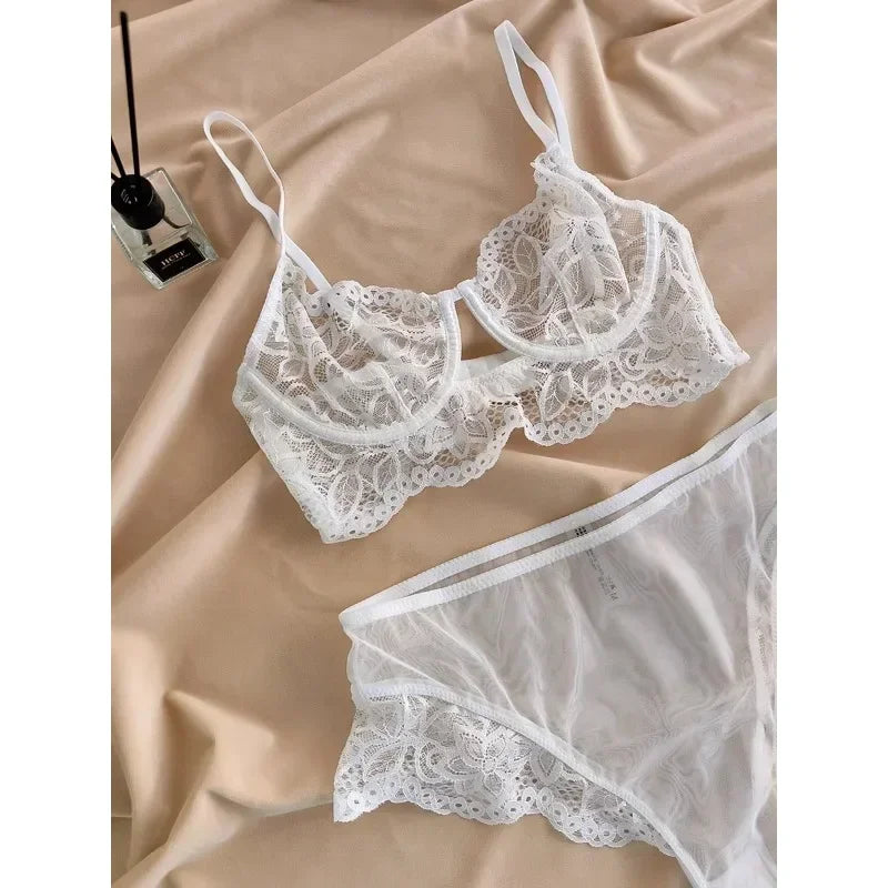 MOYISU White See-through Lace Big Breasts Small Bra Underwear Ultra Thin Set Sexy Pure Desire Underwear Underwear Underwear Set