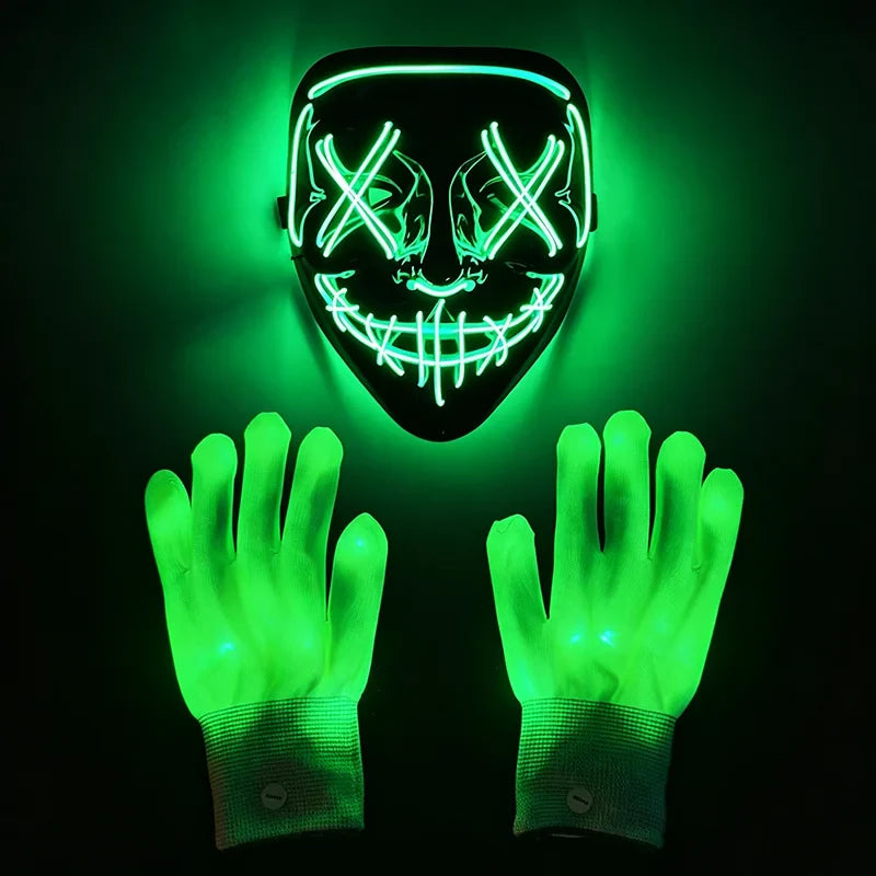 Wireless LED Neon Purge Mask & Fiber Optic Gloves, Scary Glow In Dark Mask for Halloween Carnival Cosplay Bar Birthday Party