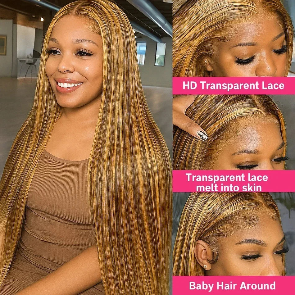 13x4 HD Highlight Ombre Bone Straight Wigs Human Hair P4/27 Blonde Ombre Lace Frontal Wig Colored Human Hair Wig For Women