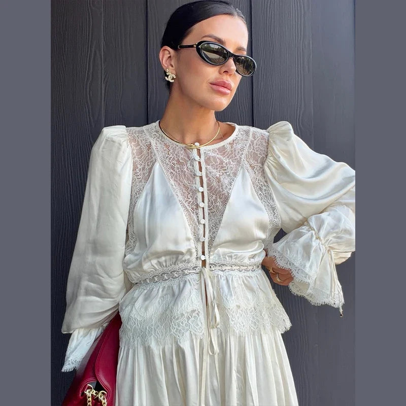 Deep V-Neck Lace Trim Cutout Waist Maxi Dress Elbow-Sleeve Lace Trim Chiffon 2026 Summer Elegant Women Vacation Boho Outfit