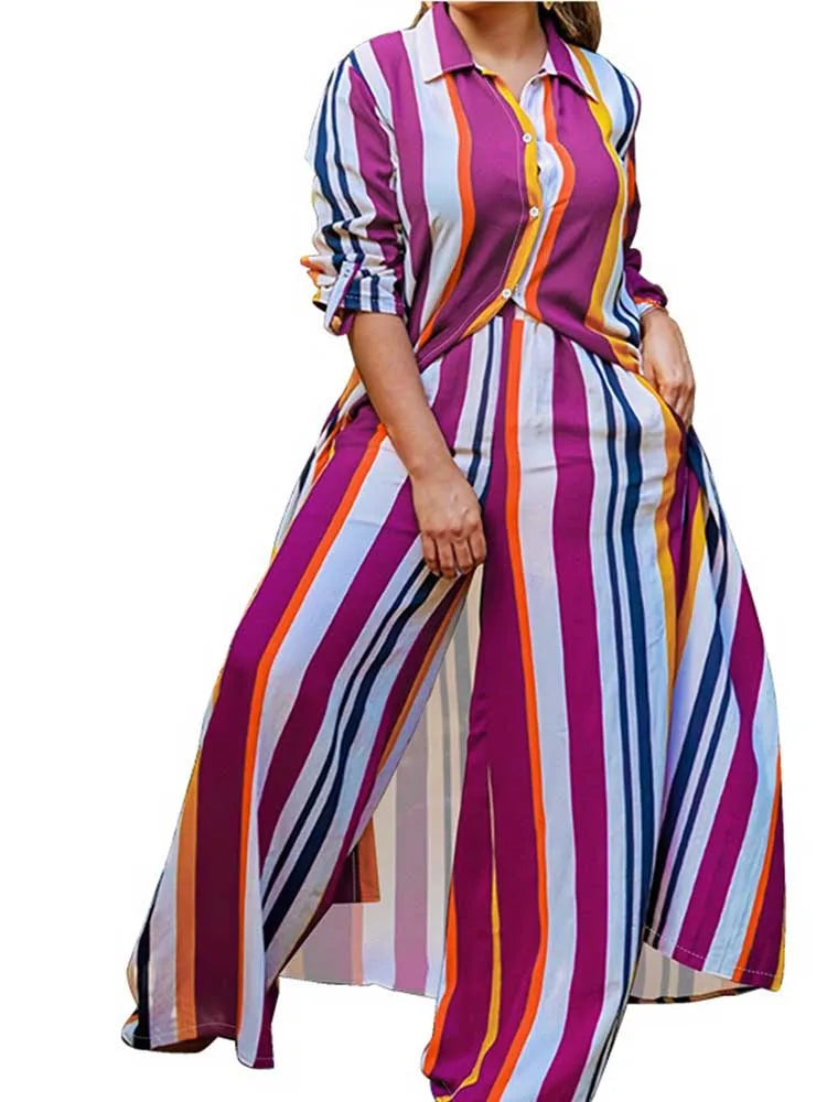 Elegant 2-piece Sets for Women Fall Winter Outfits Pants Suit with Long Shirt Blouse Full Sleeve Striped Plus Size Matching Sets