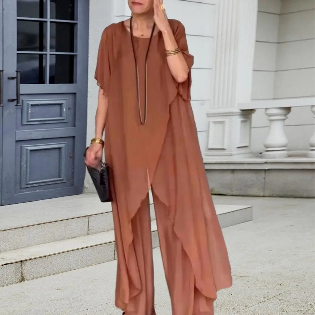 Women Two Piece Sets Pant Set Irregularity Round Neck Full Sleeve Tops Shirt Solid Splice Casual Loose Wide Leg Long Pants