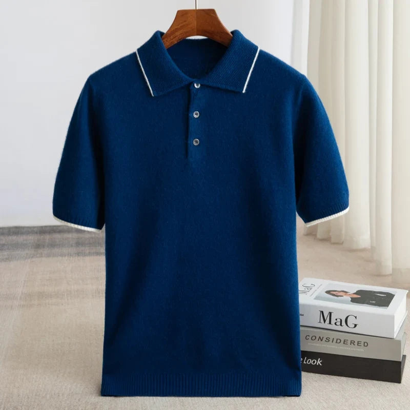 100% Merino Wool Men's Lapel Short Sleeved Sweater T-Shirt New Knitted Casual Business Men's Pullover Sweater Wool T-Shirt Summe